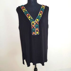 Pebble  Stone Shirt Size 1X V Neck Embroidered Geometric Black Tunic Boho Chic